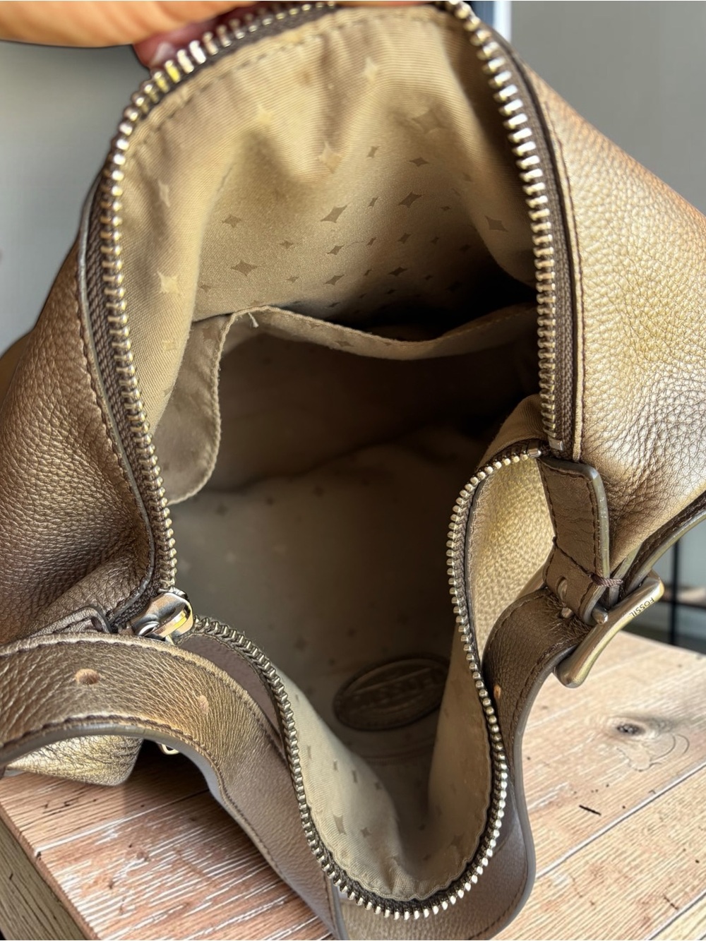 Fossil Metallic Bronze Gold Pebbled Leather Shoulder Hobo - Picture 12 of 15